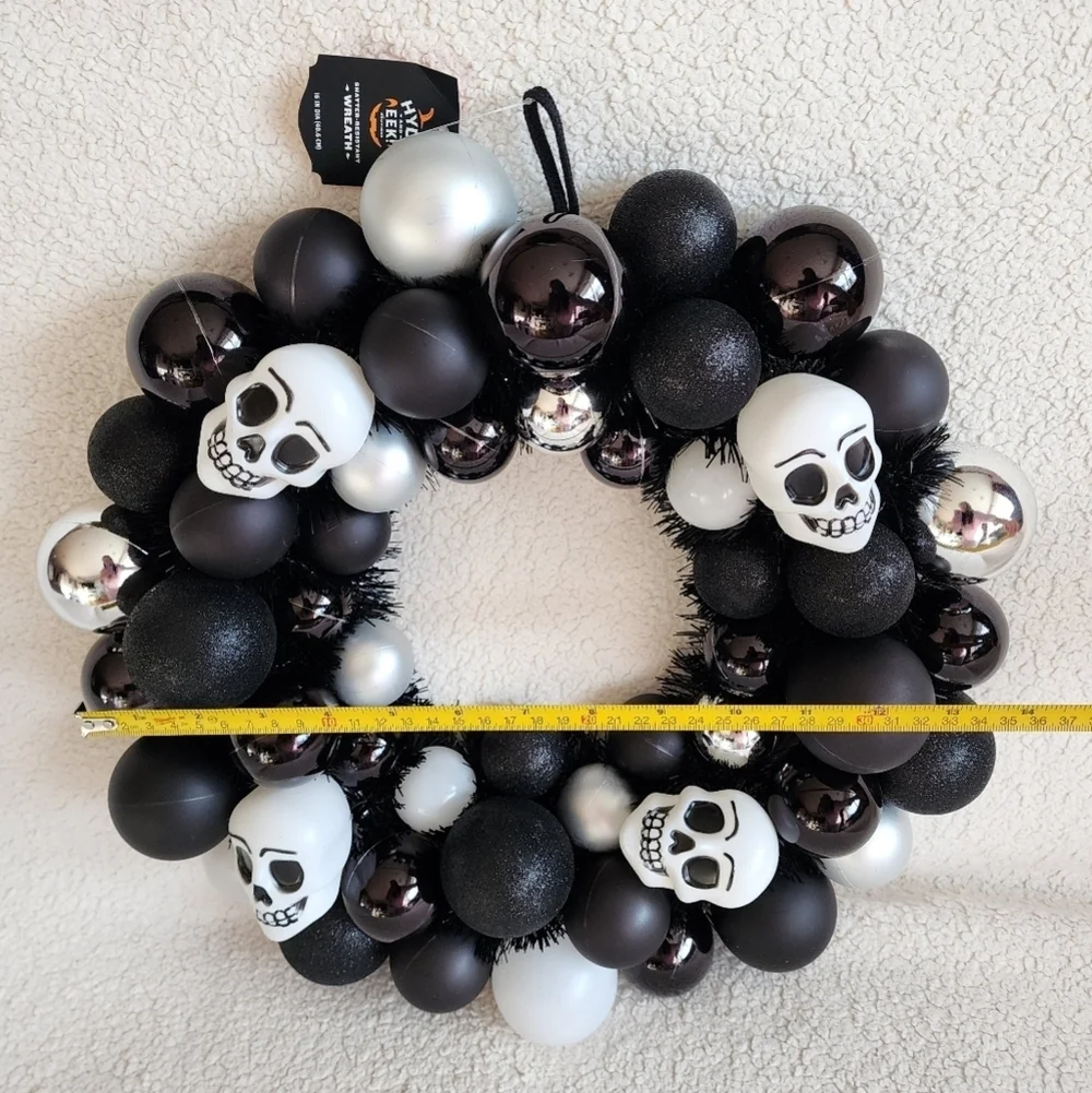 New Target 16in Halloween wreath with skulls black and white', shatterproof